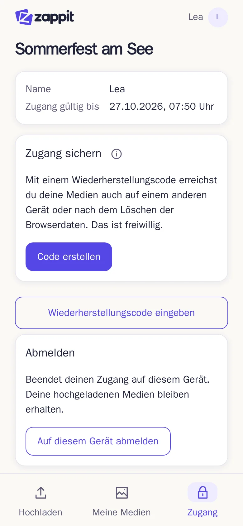 Die Seite „Mein Zugang“ mit Name, Veranstaltung und Ablaufdatum
