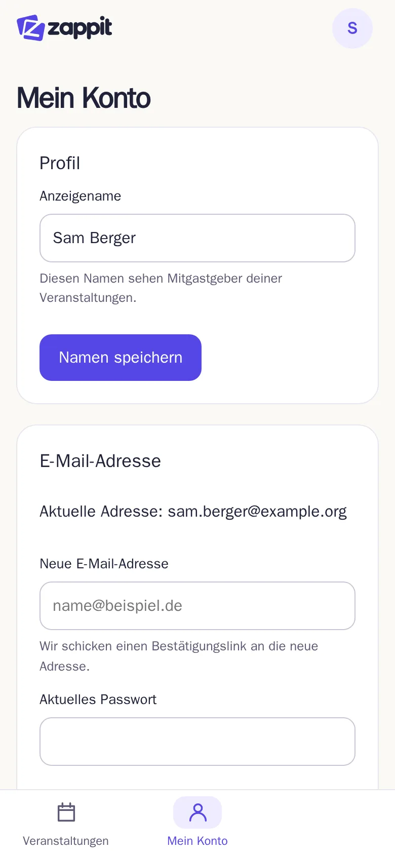 Die Seite „Mein Konto“ mit den Karten Profil, E-Mail-Adresse und Passwort