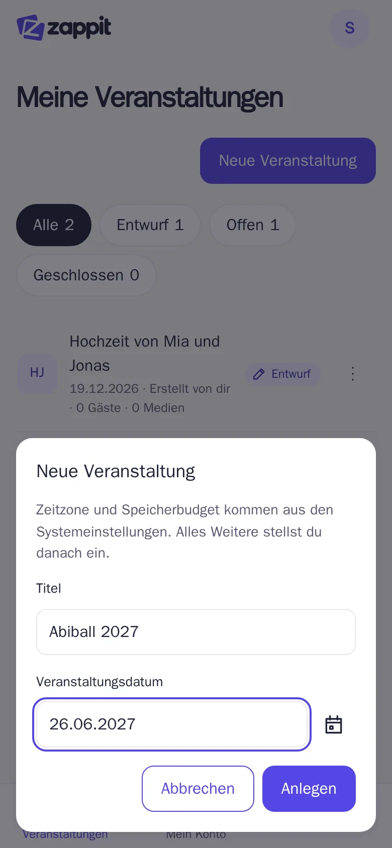 Der Dialog „Neue Veranstaltung“ mit Titel und Datum