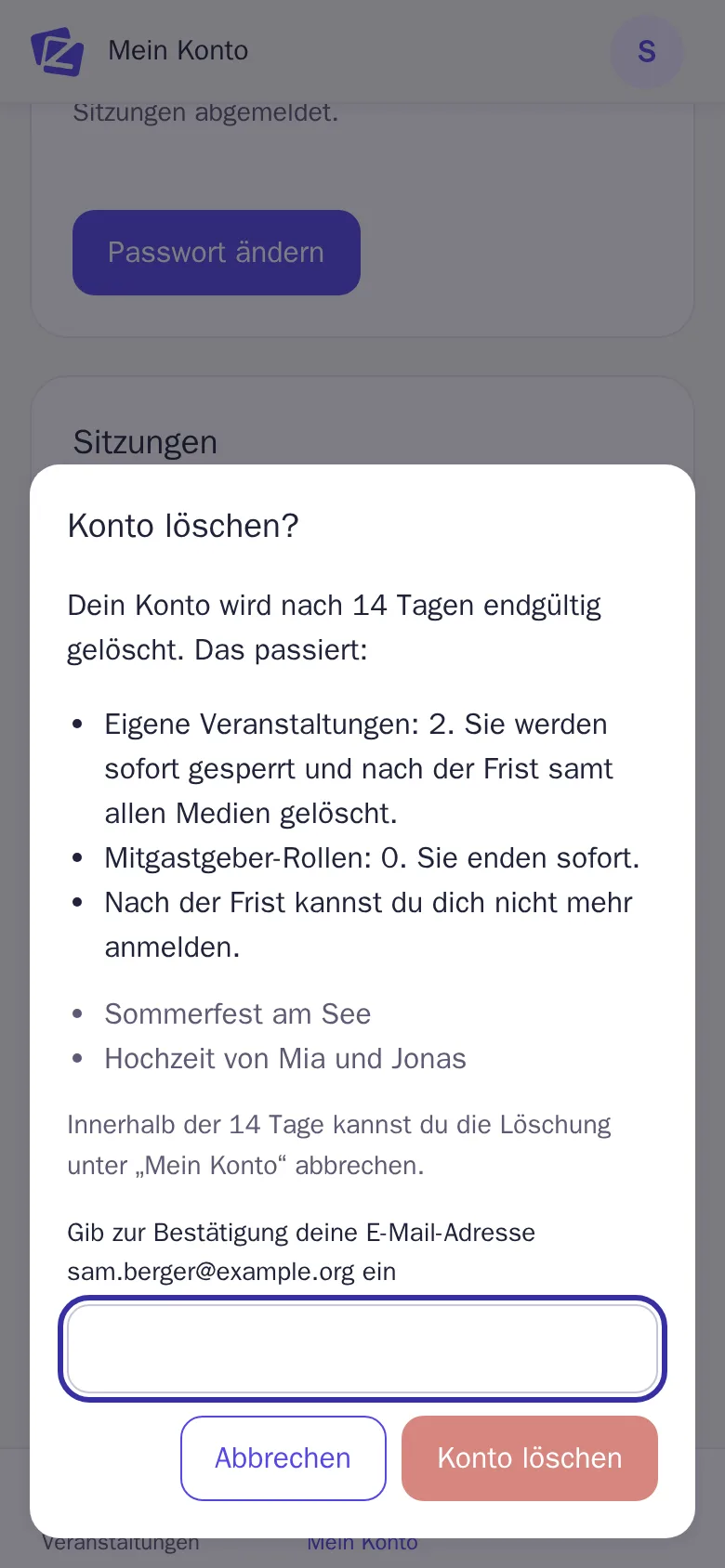 Der Dialog „Konto löschen?“ mit der Übersicht der betroffenen Veranstaltungen