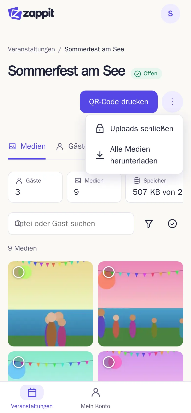 Das Menü einer offenen Veranstaltung mit den Optionen „Uploads schließen“ und „Alle Medien herunterladen“