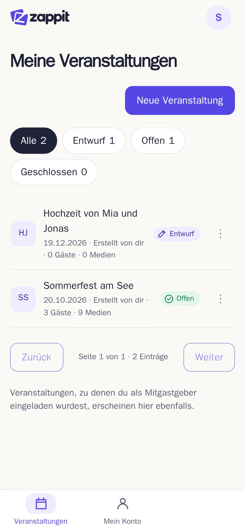 Die Liste „Meine Veranstaltungen“ mit dem Knopf „Neue Veranstaltung“