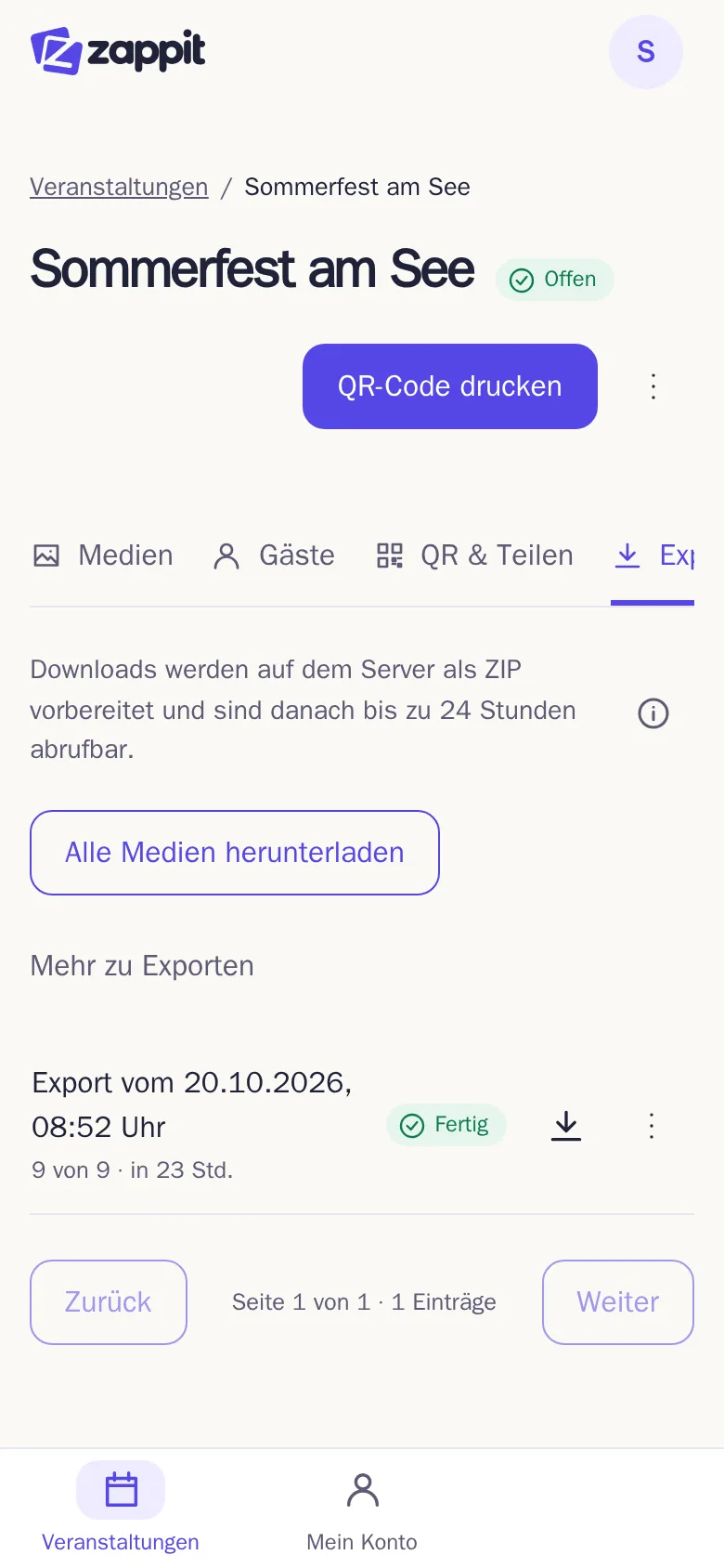 Der Tab „Exporte“ mit einem fertigen Download