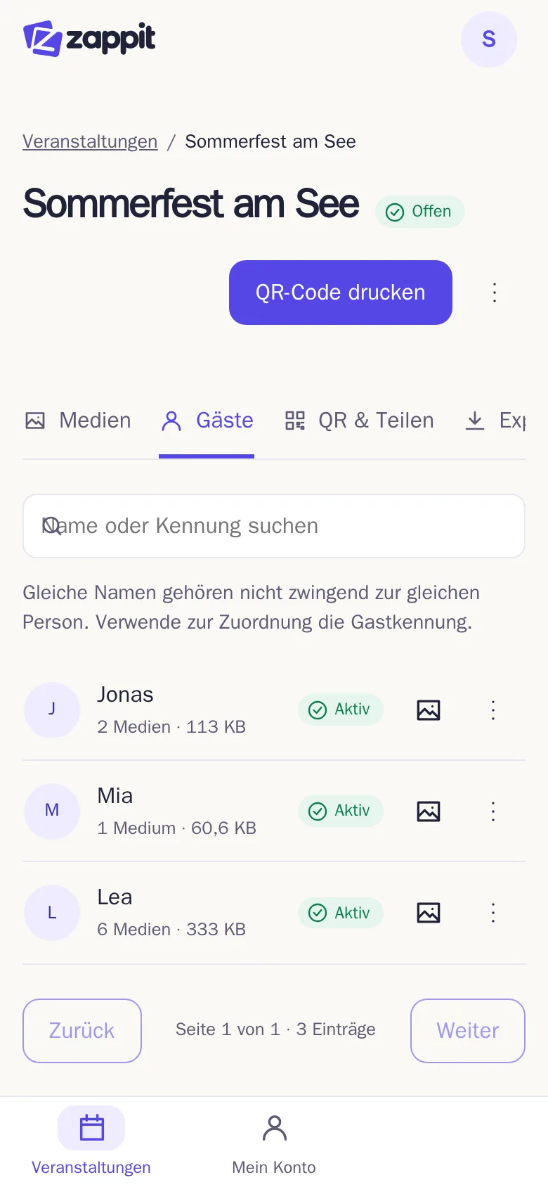 Der Tab „Gäste“ einer Veranstaltung mit mehreren Gästen