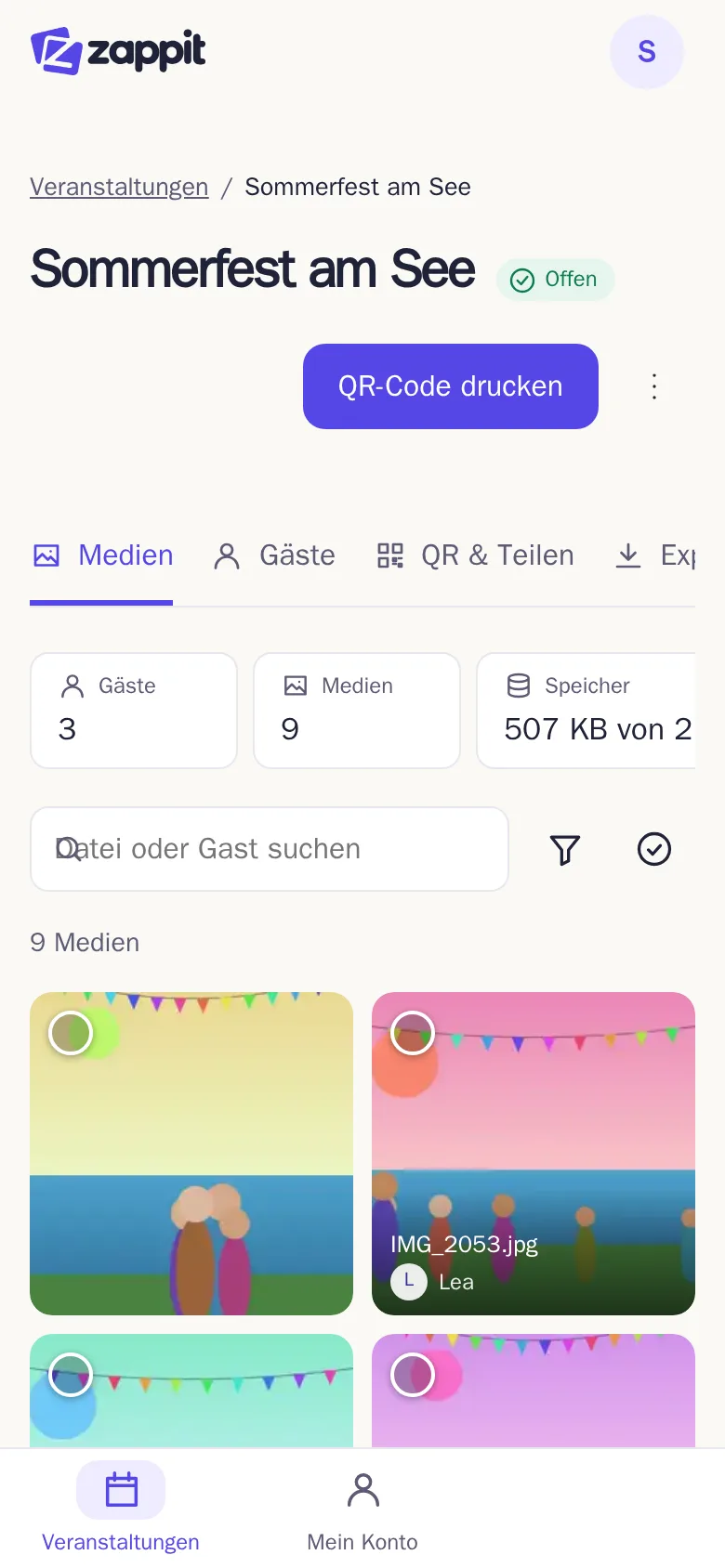 Der Tab „Medien“ einer Veranstaltung mit Fotos und Videos mehrerer Gäste