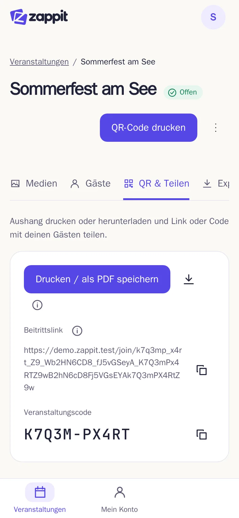 Der Tab „QR & Teilen“ mit der Vorschau des Aushangs