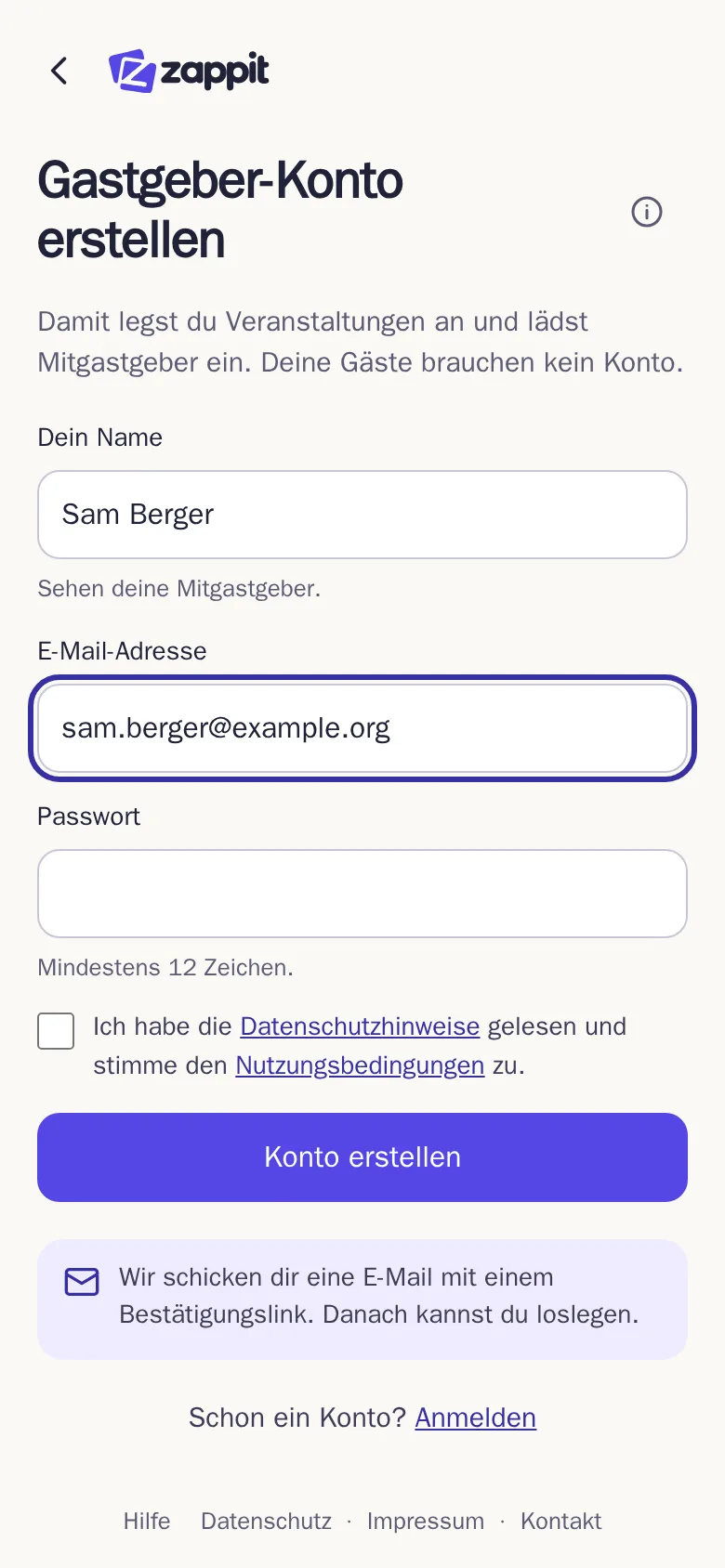 Das Formular „Gastgeber-Konto erstellen“