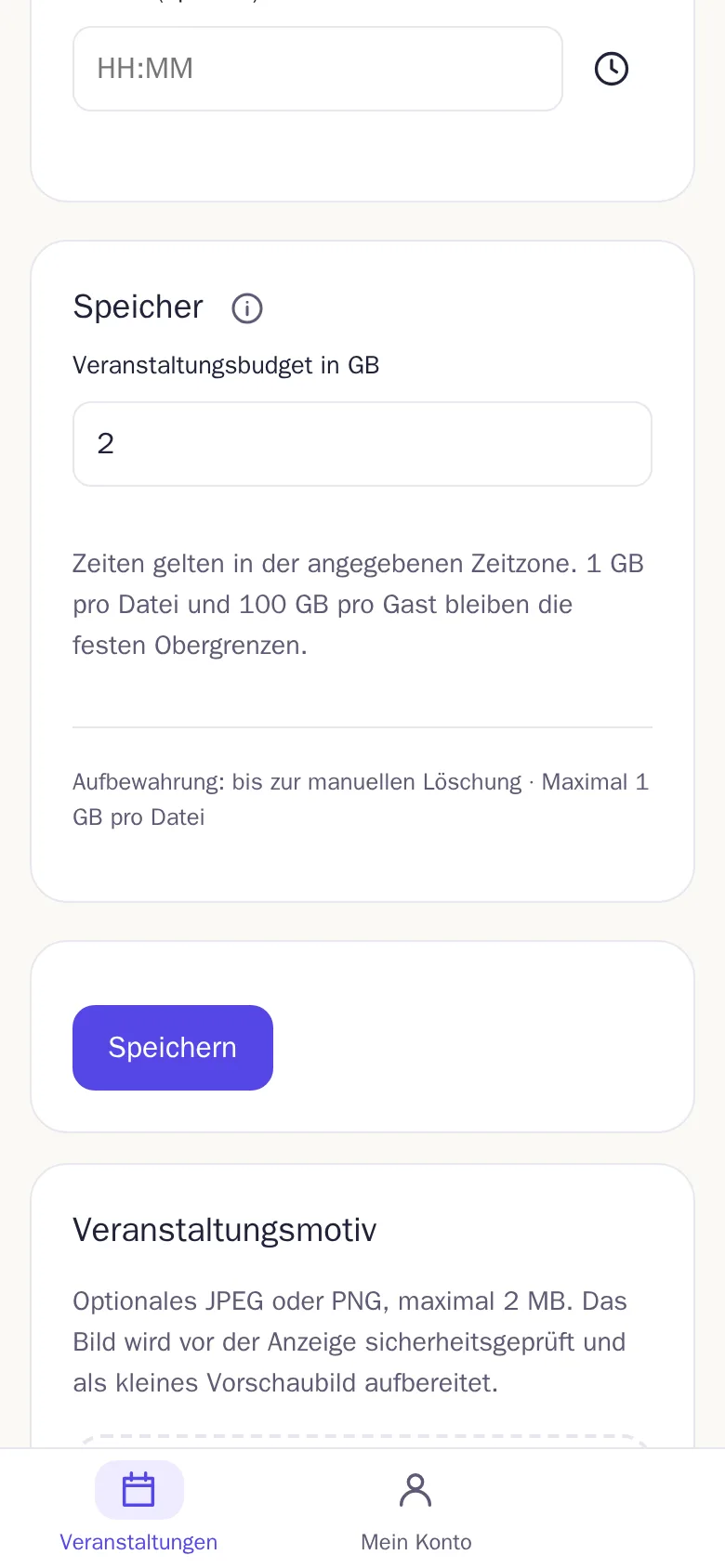 Die Einstellungen einer Veranstaltung, Abschnitt Speicher