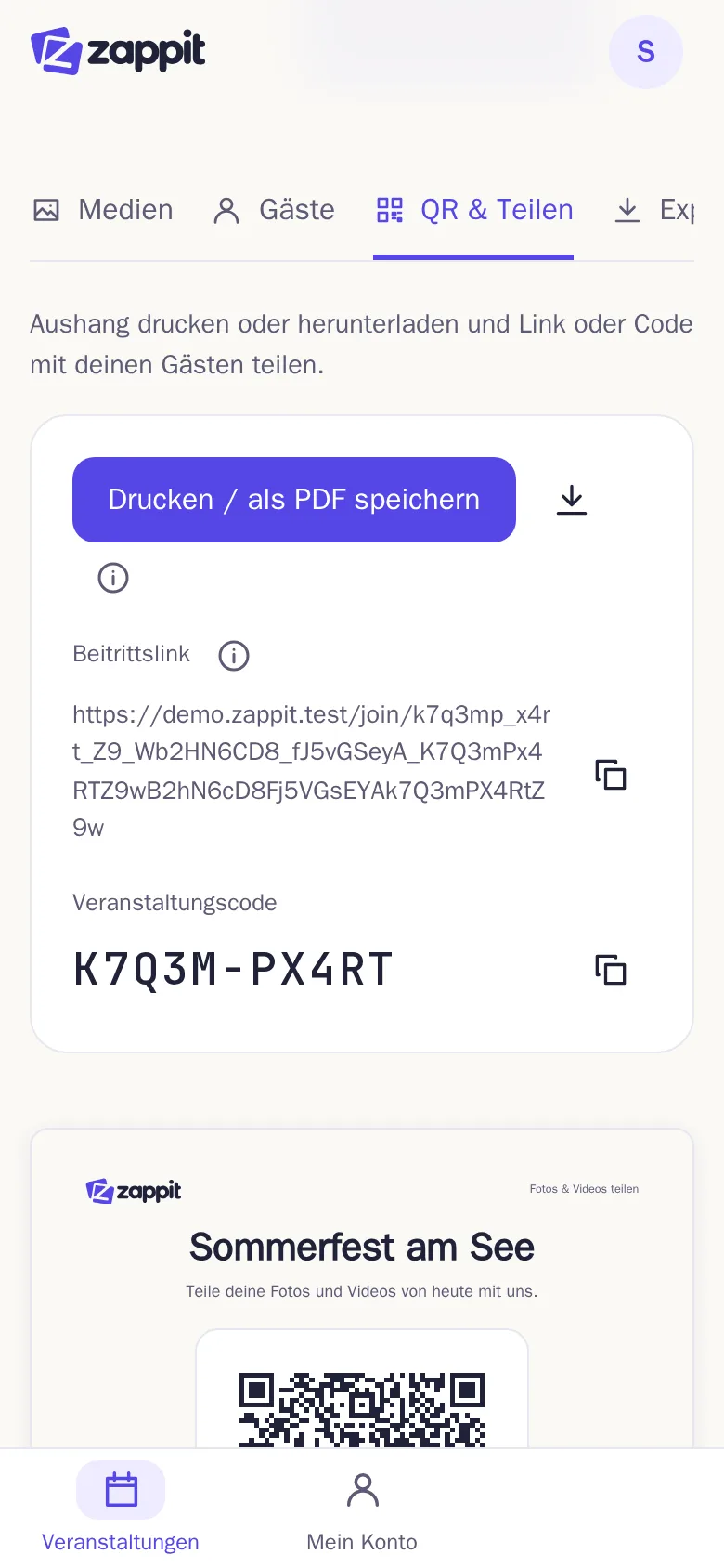 Der Tab „QR & Teilen“ mit Beitrittslink und Veranstaltungscode