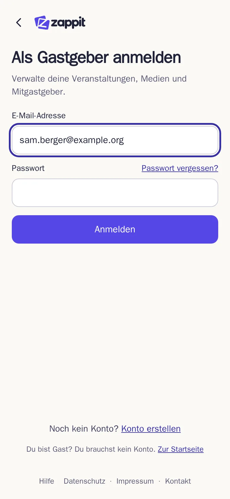 Das Formular „Als Gastgeber anmelden“
