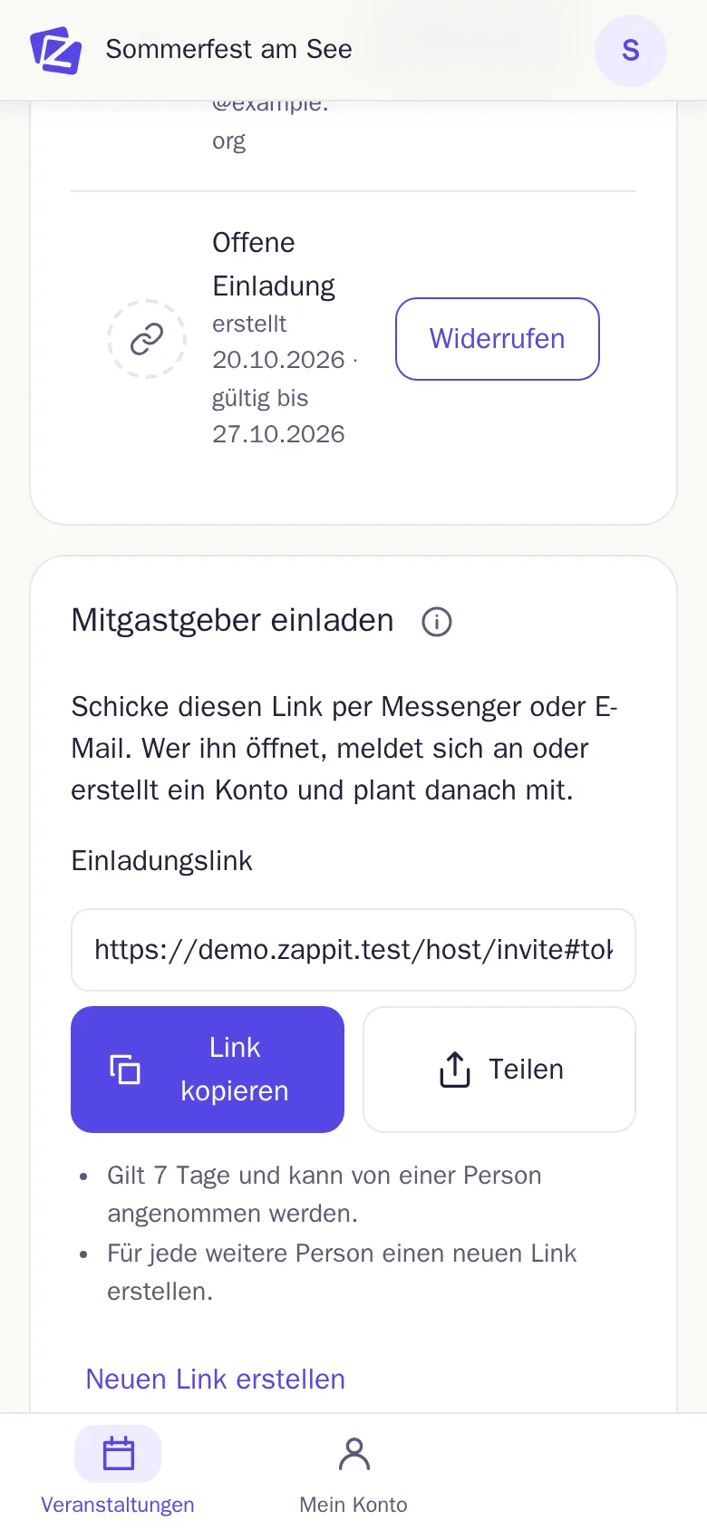 Der Tab „Gastgeber“ mit einem neu erstellten Einladungslink