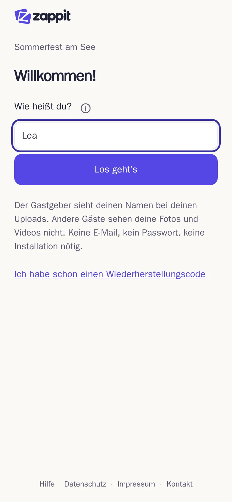 Das Beitrittsformular mit dem Feld „Wie heißt du?“