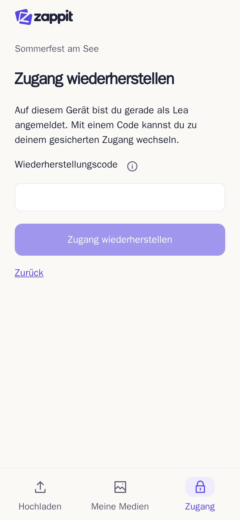 Die Seite „Zugang wiederherstellen“ mit dem Codefeld