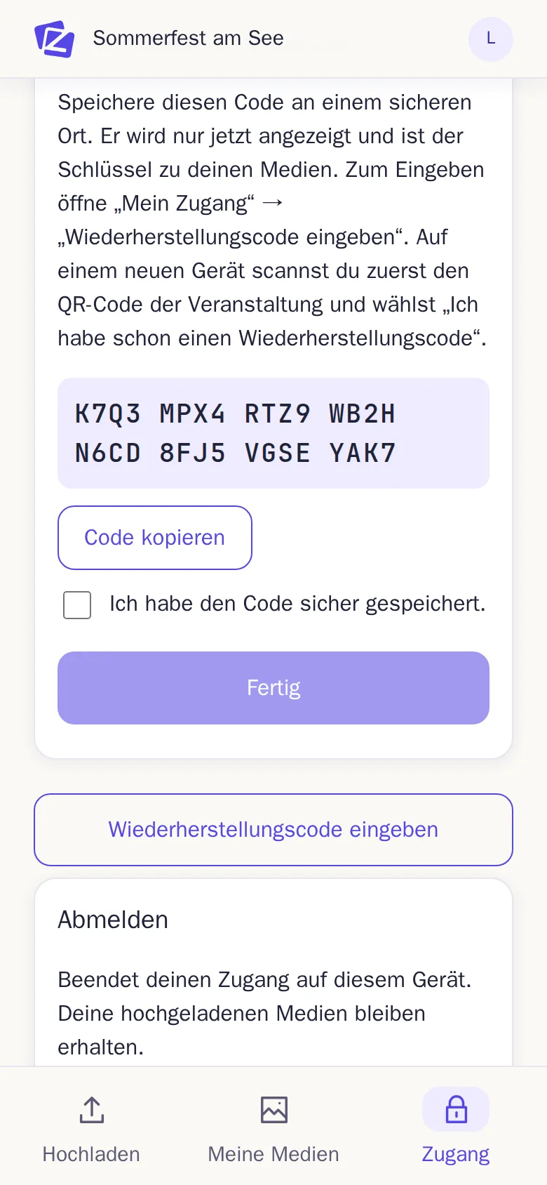 Ein neu erstellter Wiederherstellungscode