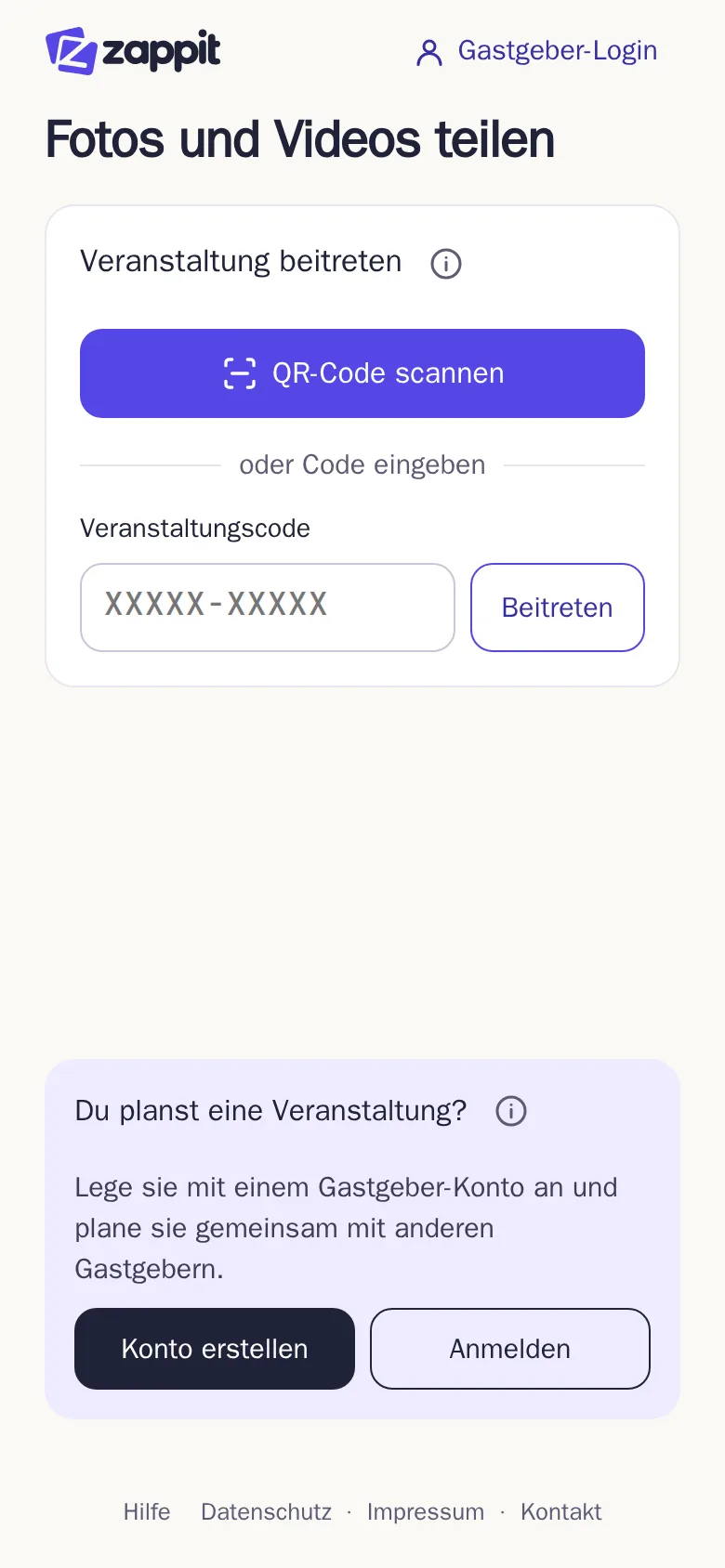 Die Startseite von Zappit ohne angemeldete Veranstaltung