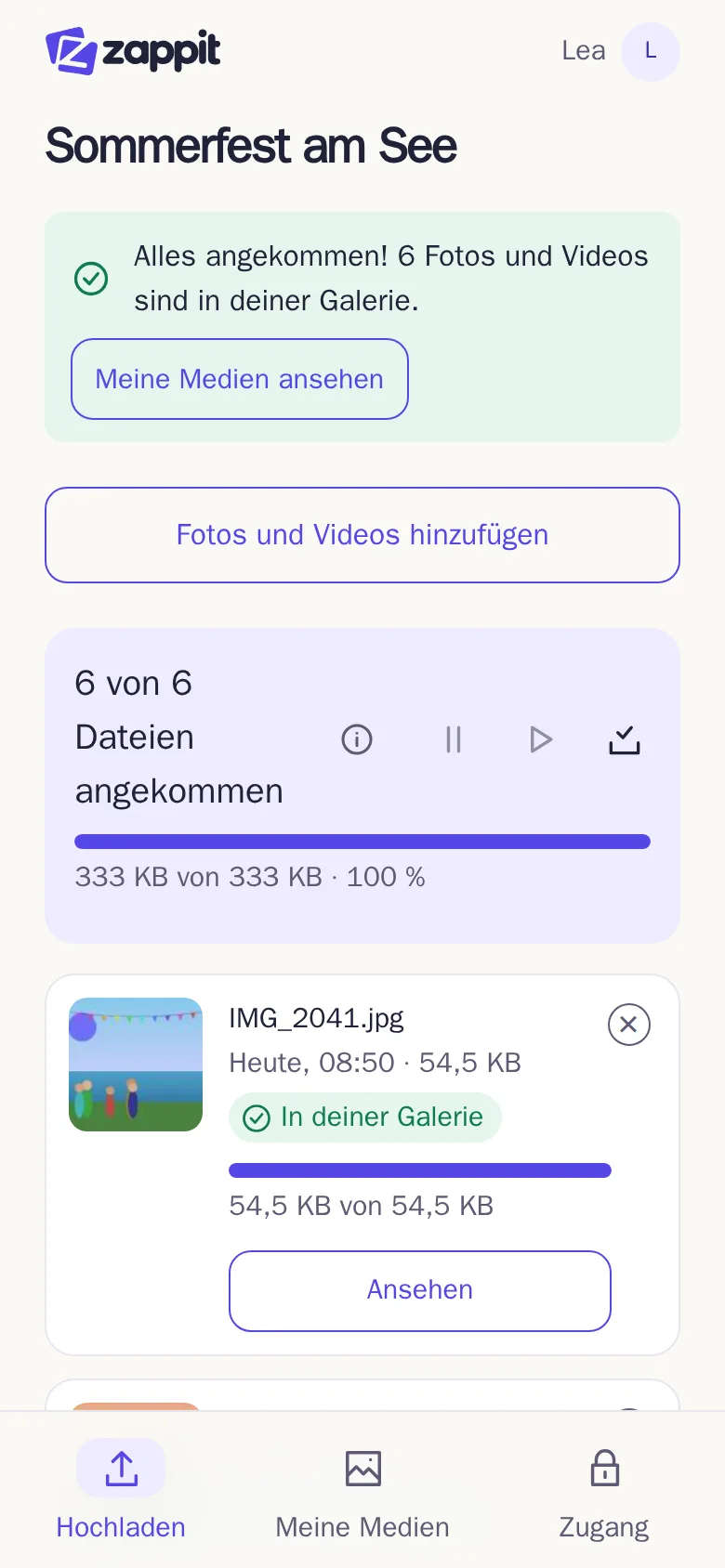 Die Uploadseite mit der Meldung „Alles angekommen“