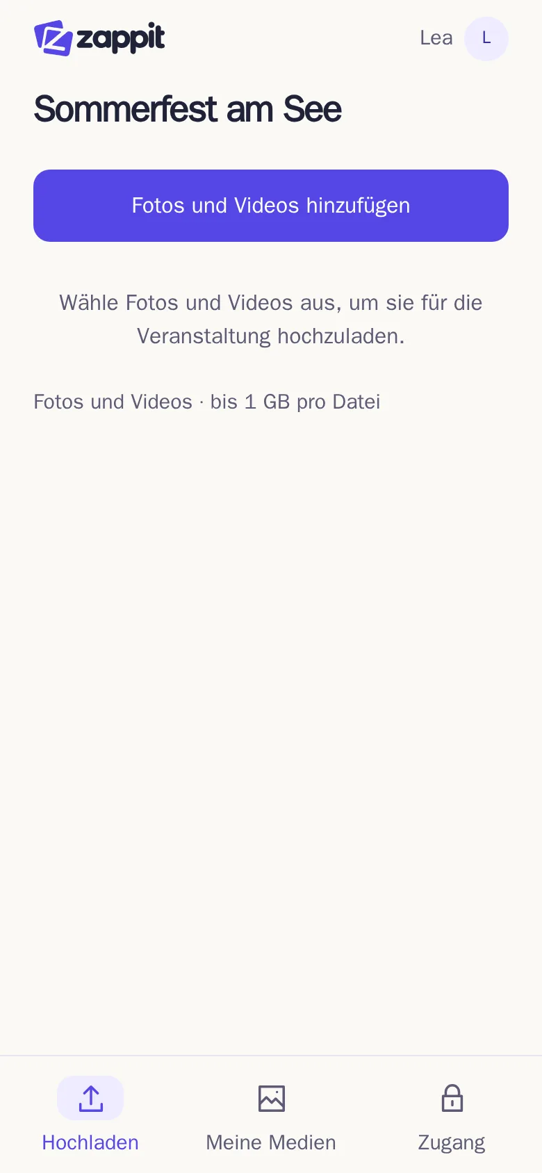Die Uploadseite vor der Auswahl mit dem Knopf „Fotos und Videos hinzufügen“