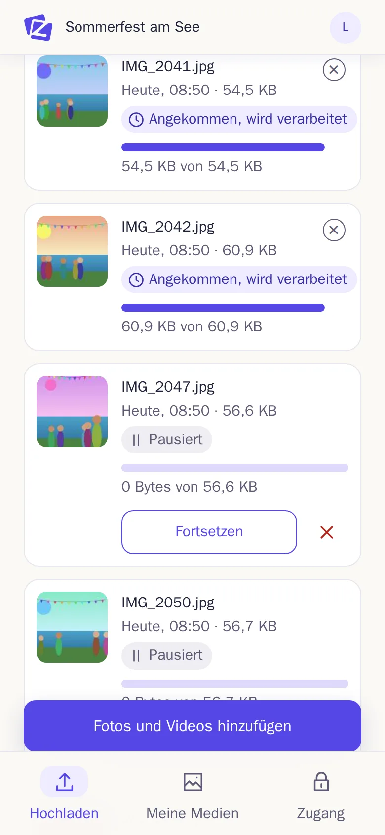 Die Liste der Uploads mit zwei pausierten Dateien